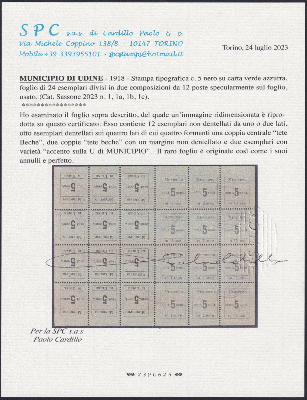 1918 - Municipio di Udine, Stampa tipografica su carta verde azzurra, c. 5 nero foglio completo di 24 esemplari usato (1, 1a, 1b, 1c)