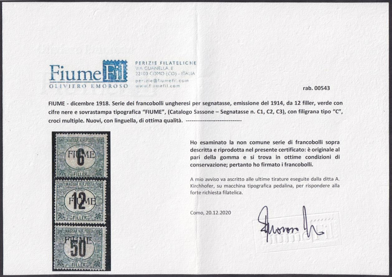 El288 - 1918 - Hungarian tax stamps, complete set of three new black and green "C" type watermark stamps with original rubber (C1/C3)