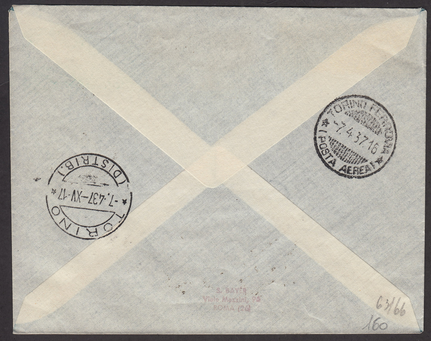 PA138 - 1937 - Primo Volo ALI Parigi - Torino 7/4/37 con affrancatura di Francia, diretta a Alberto Bolaffi senior, via Vittoria 1 - Sassone n. 454