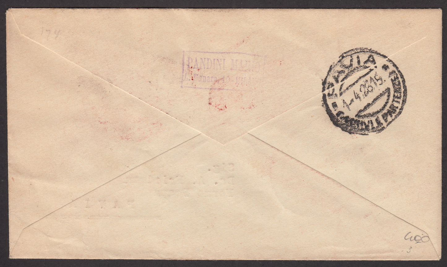 1926 - 1st air postal service Turin - Trieste 1/4/26 with Franciscan c. 60 carmine + P.Aerea c. 60 gray (195 + A3)