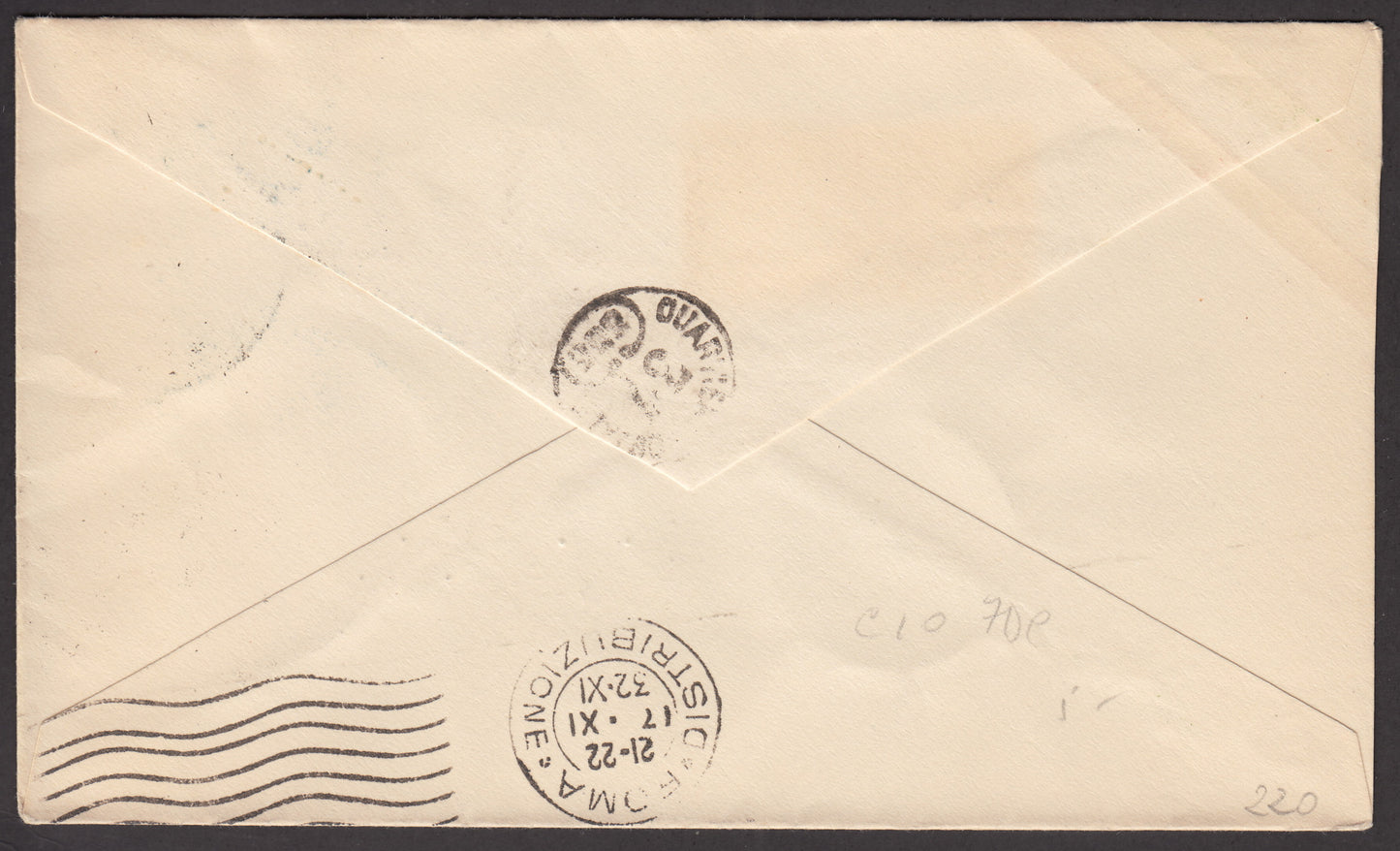 1926 - 1st air postal service Turin - Trieste 1/4/26 with Franciscan c. 60 carmine + P.Aerea c. 60 gray (195 + A3)