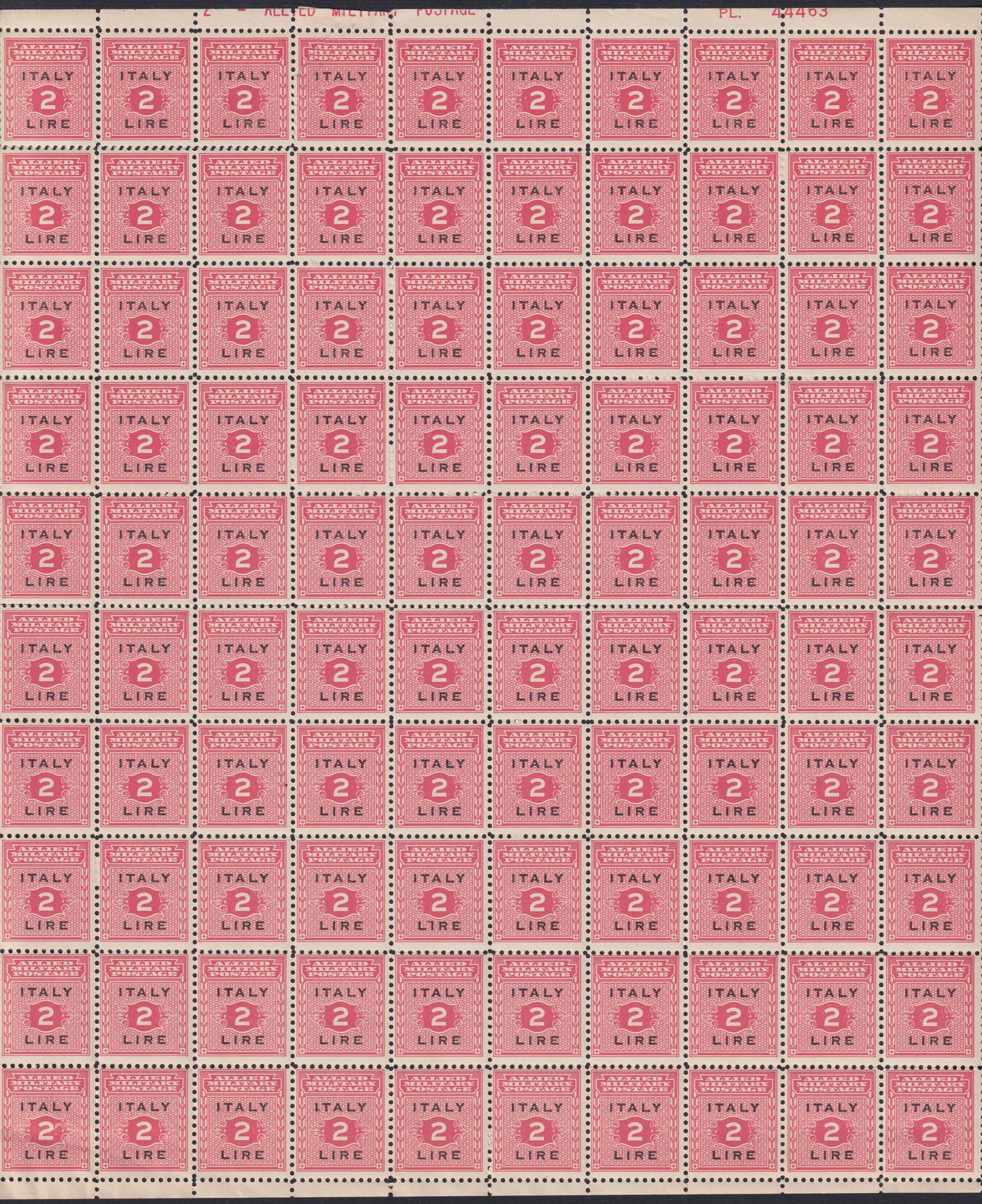 AMGOT1 - 1943 Occupazione Anglo-Americana della Sicilia, L. 2 carminio e nero foglio completo di 100 esemplari nuovo con gomma (7)