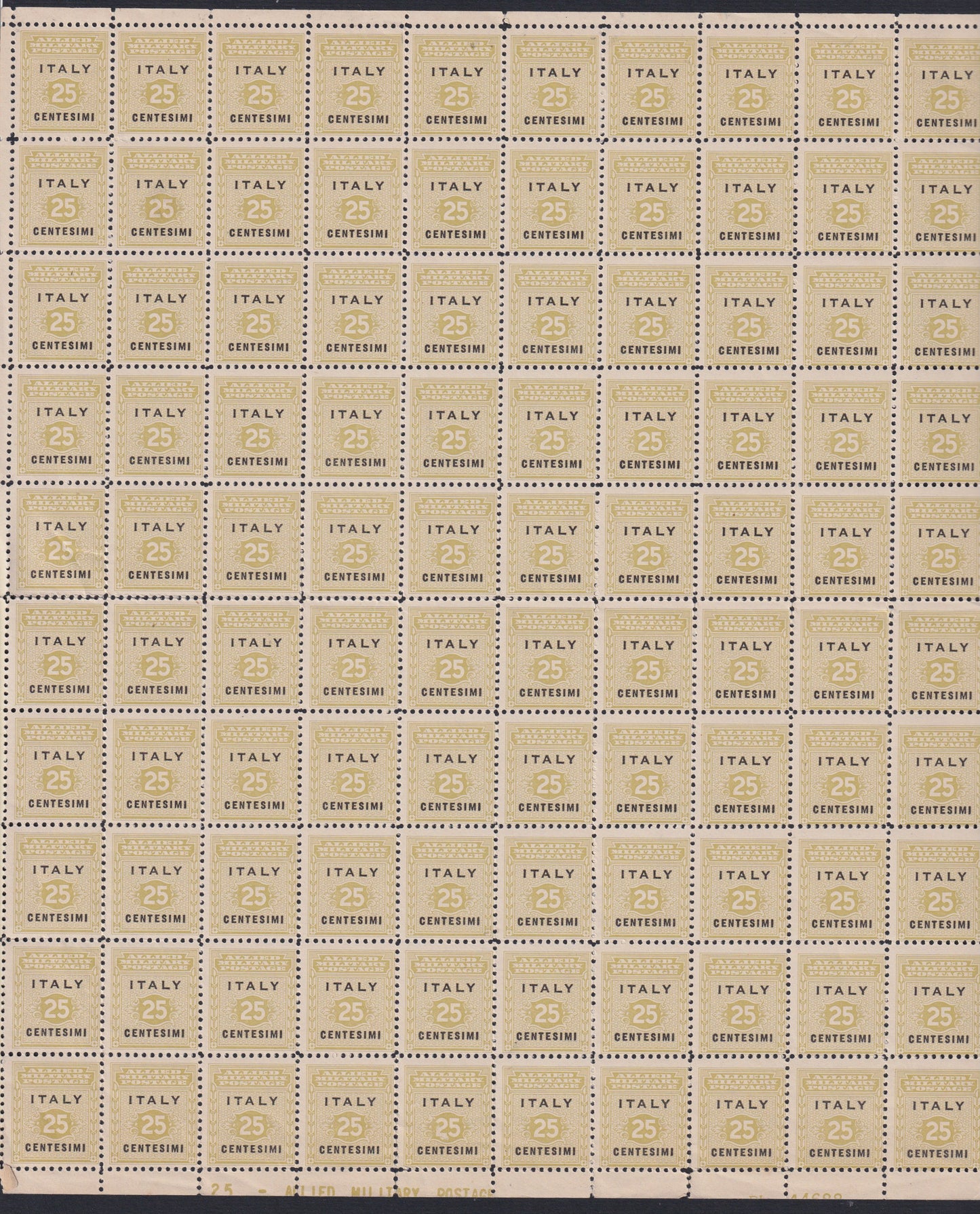 AMGOT4 - 1943 Anglo-American occupation of Sicily, c. 25 olive and black complete sheet of 100 new copies with intact gum (2)