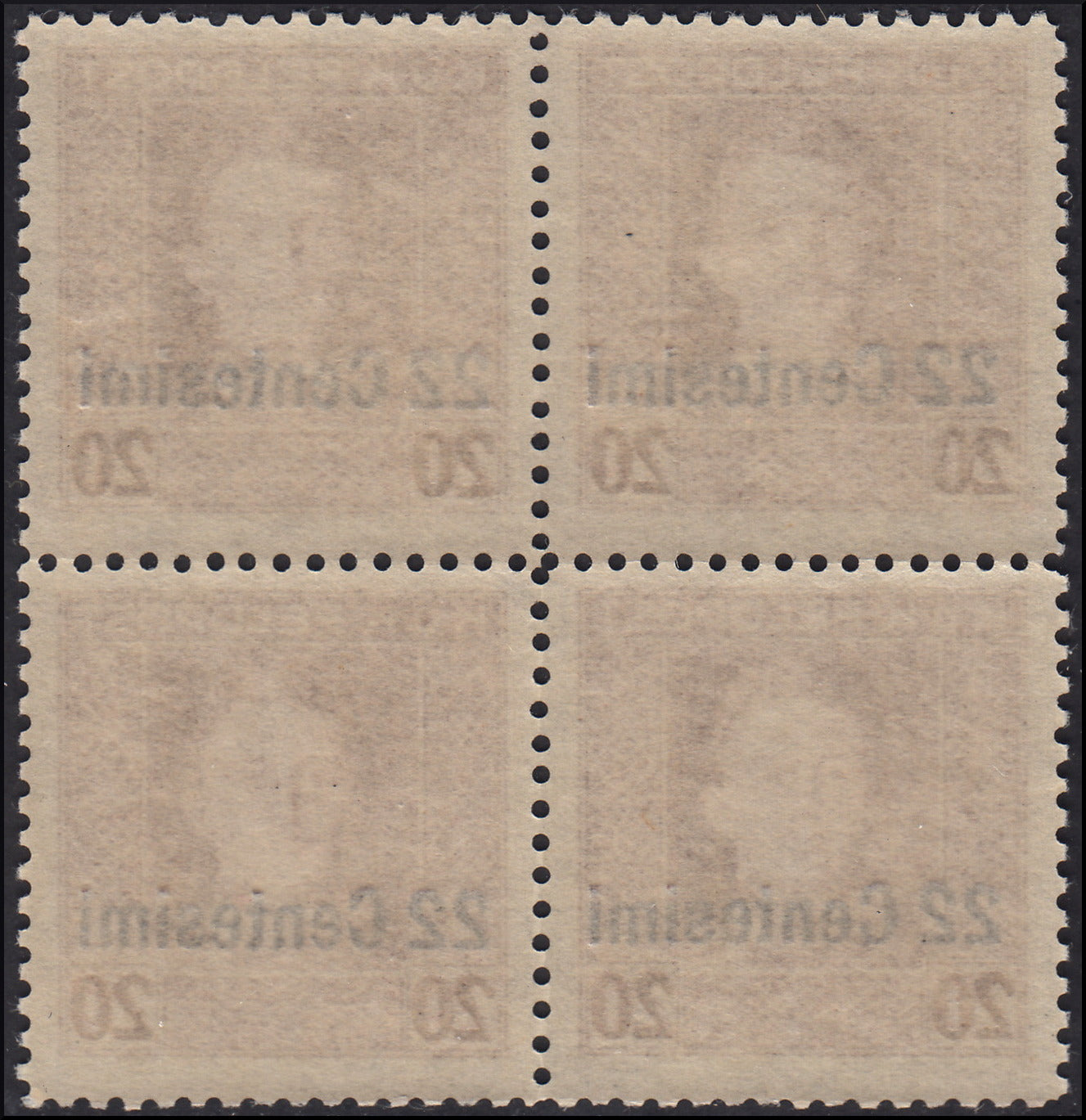 A04 - 1918 - Austrian occupation of Friuli and Veneto, overprinted Austrian stamps, c.22 out of 20 brown perforation 11 1/2 instead of 12 1/2, new block of four copies with intact gum (9aa)