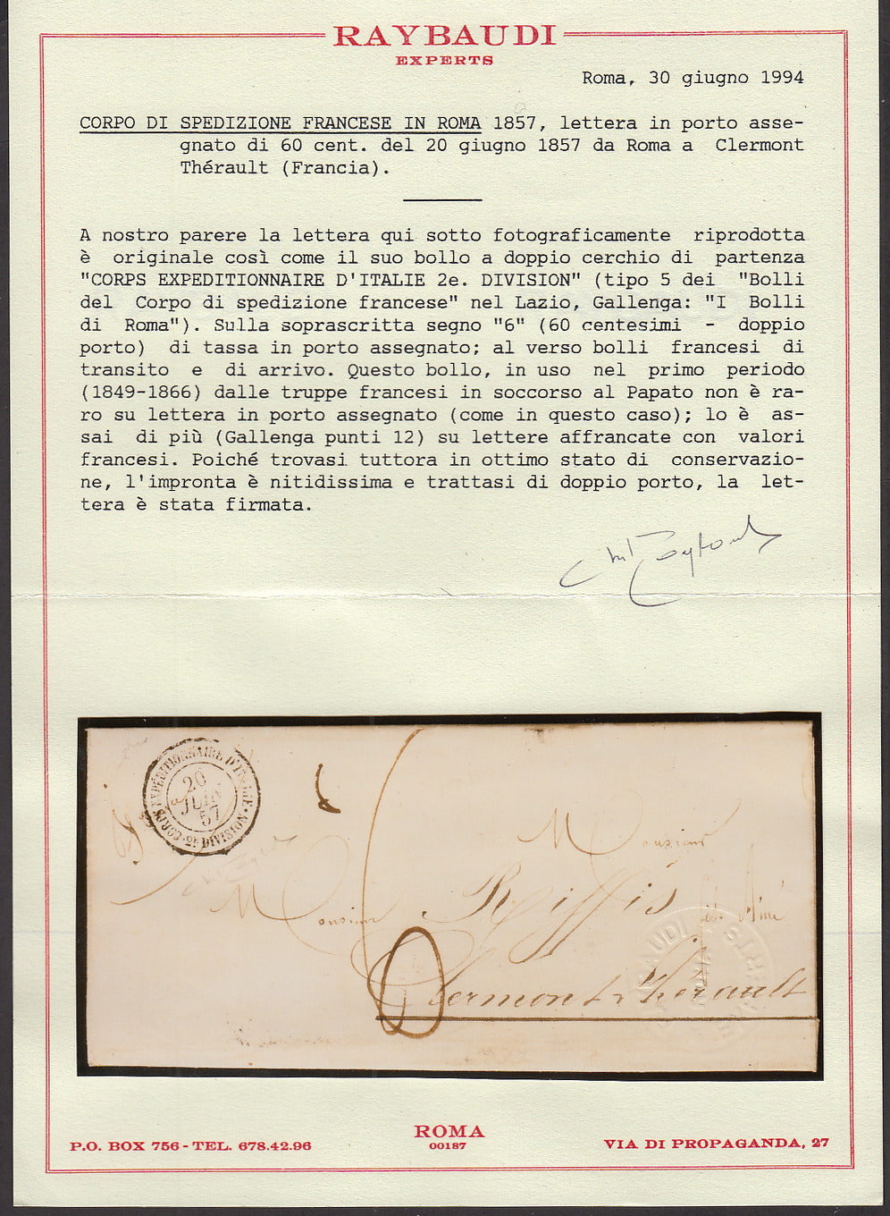 BA23-67 - 1857 - Lettera in Porto Assegnato da c. 60 spedita il 20/6/57 da Roma per Clermont Therault (Francia).