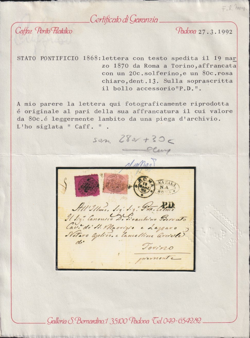 BA23-152 1856 - Letter sent from Forlì to Pesaro 13/8/56 franked with 4 light brown baj (5).