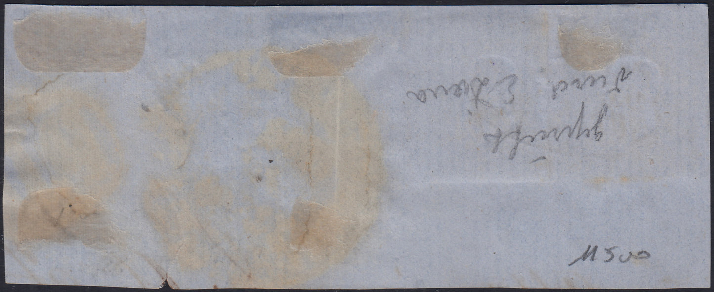 BO2511_40 - 1861 - Frammento affrancato con gr. 1 grigio nero + gr. 10 ocra, usato "Ufficio Postale del Porto di Napoli 20/3/61 (19a + 22ea)