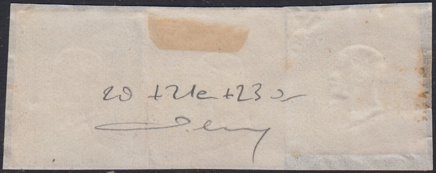 BO2511_60 - 1861 - Frammento Ufficio Postale del Porto di Napoli 19/5/61 affrancato con gr. 2 azzurro chiaro + gr. 5 rosa+ gr. 20 giallo arancio (20 + 21e + 23a)