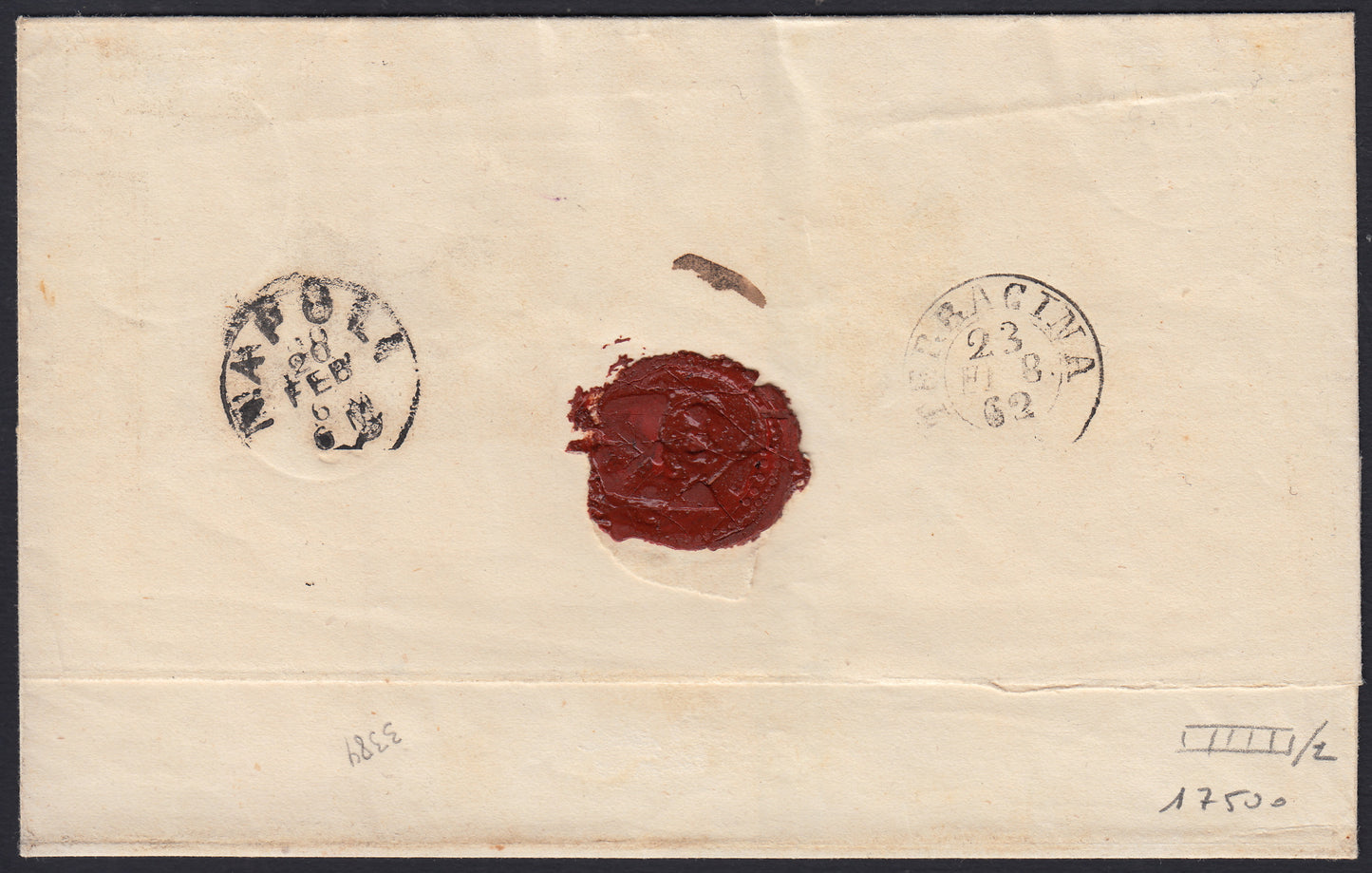 BO2512_4 - 1862 - lettera da Foggia per Terracina 18/2/62 affrancata con gr. 1 nero striscia di tre + coppia (19)