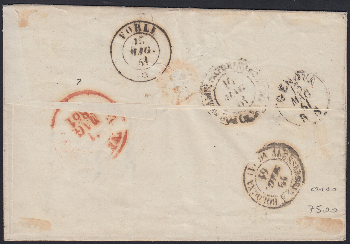 BO2512_7 - 1861 - lettera da BARI per Forlì affrancata con 1 grano grigio nero +.2 grana celeste coppia orizzontale (19a + 20a)