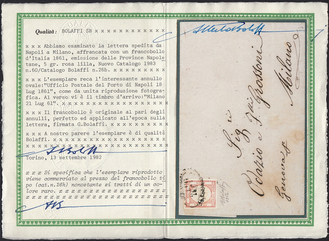 BO2515_10 - 1861- Lettera spedita da Napoli per Milano affrancata con 5 grana rosa (21e)