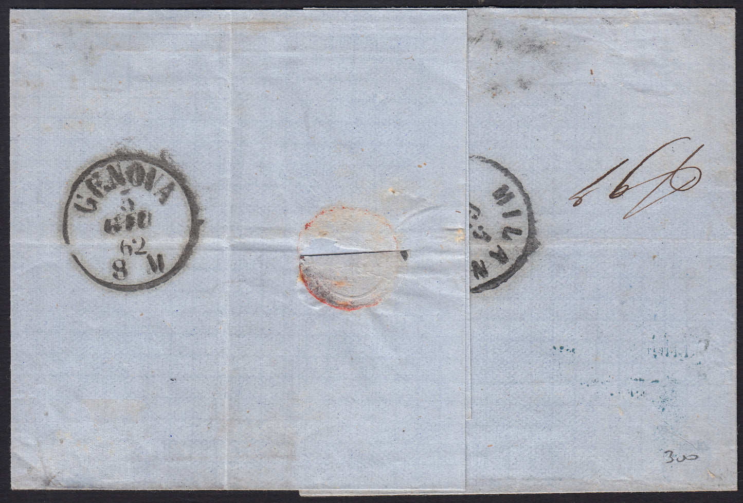 BO2515_1 - 1862 - Lettera spedita da Livorno per Milano 4/6/62 affrancata con c. 20 celeste chiaro II tavola + c. 40 rosso vermiglio (15D+16Da)