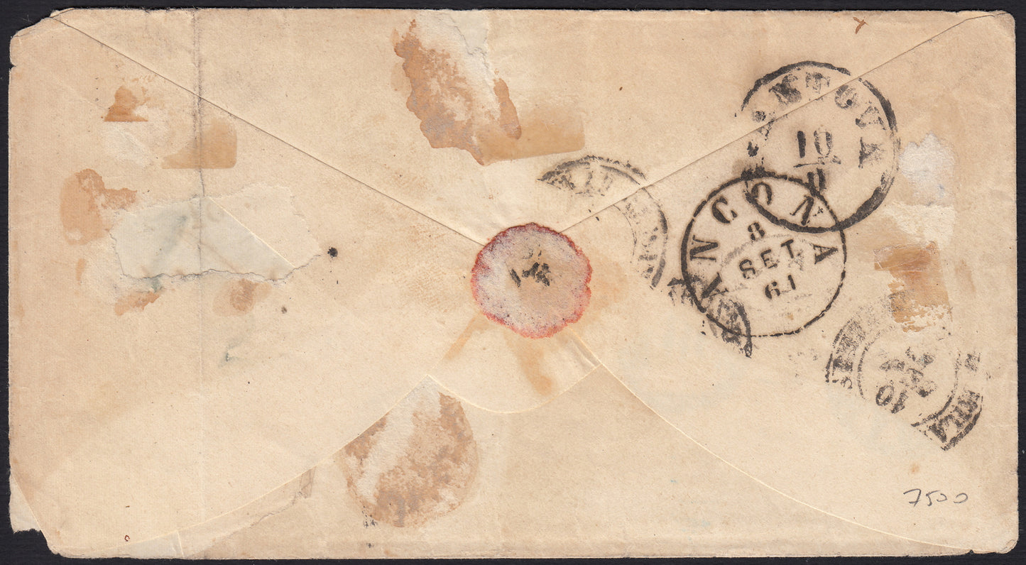 BO2515_5 - 1861 - lettera spedita da Pescara per Mantova 6/9/1861 affrancata con 1 grano grigio + 2 grana azzurro due esemplari (19da + 20b).