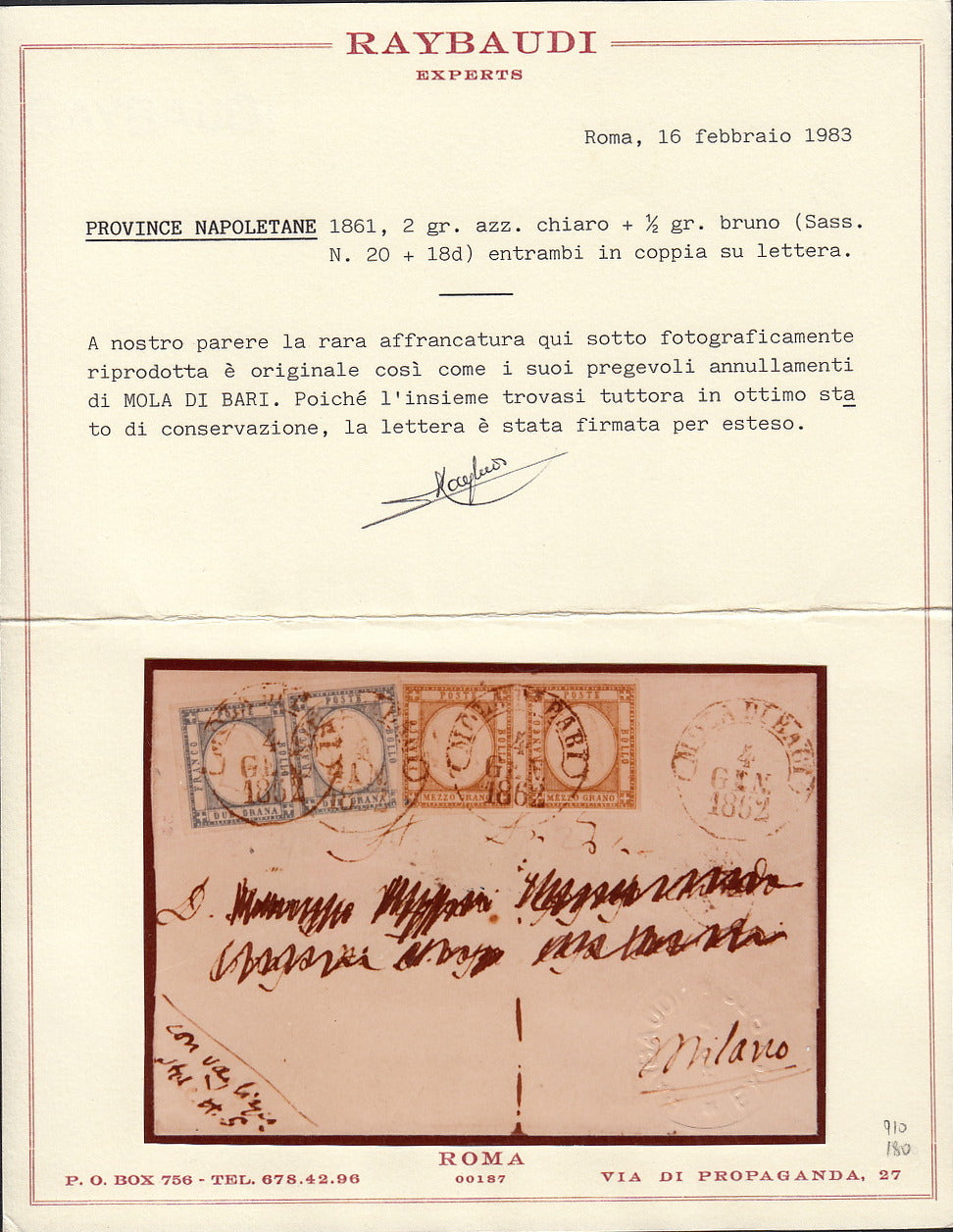 BO2515_9 - 1861 - lettera spedita da Mola di Bari per Milano 4/1/1862 affrancata con 1/2 grano bruno coppia + 2 grana celeste due esemplari (18d + 20a)