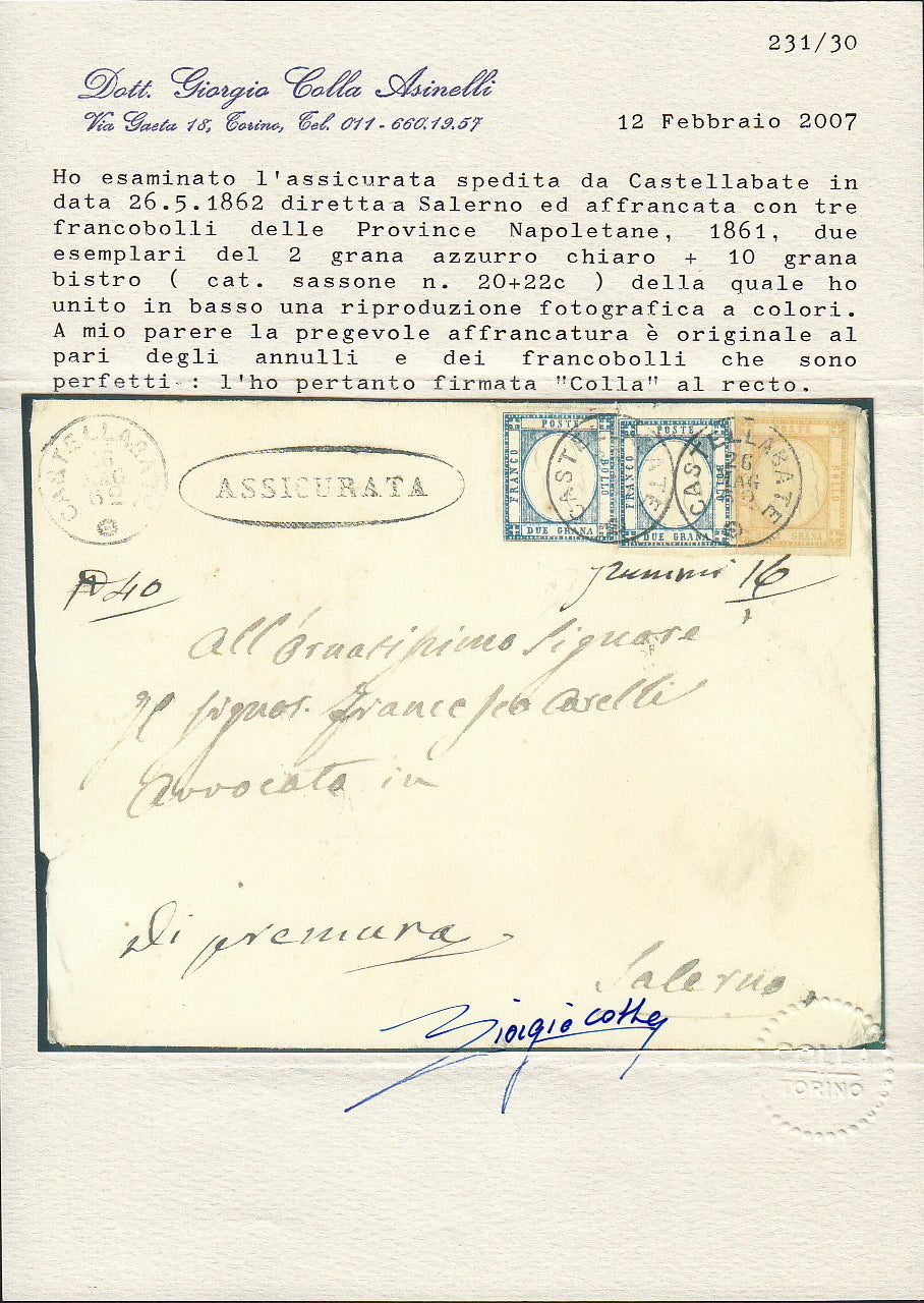 BO255_10 - 1861 - Lettera assicurata spedita da Castellabate per Salerno 26/5/62 affrancata con 2 grana azzurro chiaro + 10 grana bistro (20 + 22c)