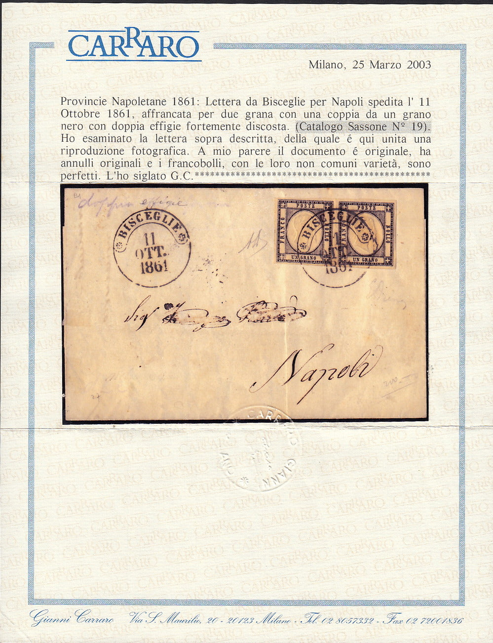BO255_11 - 1861 - Lettera spedita da Bisceglie per Napoli 11/10/61 affrancata con 1 grano nero coppia orizzontale, entrambi con doppia effigie (19)