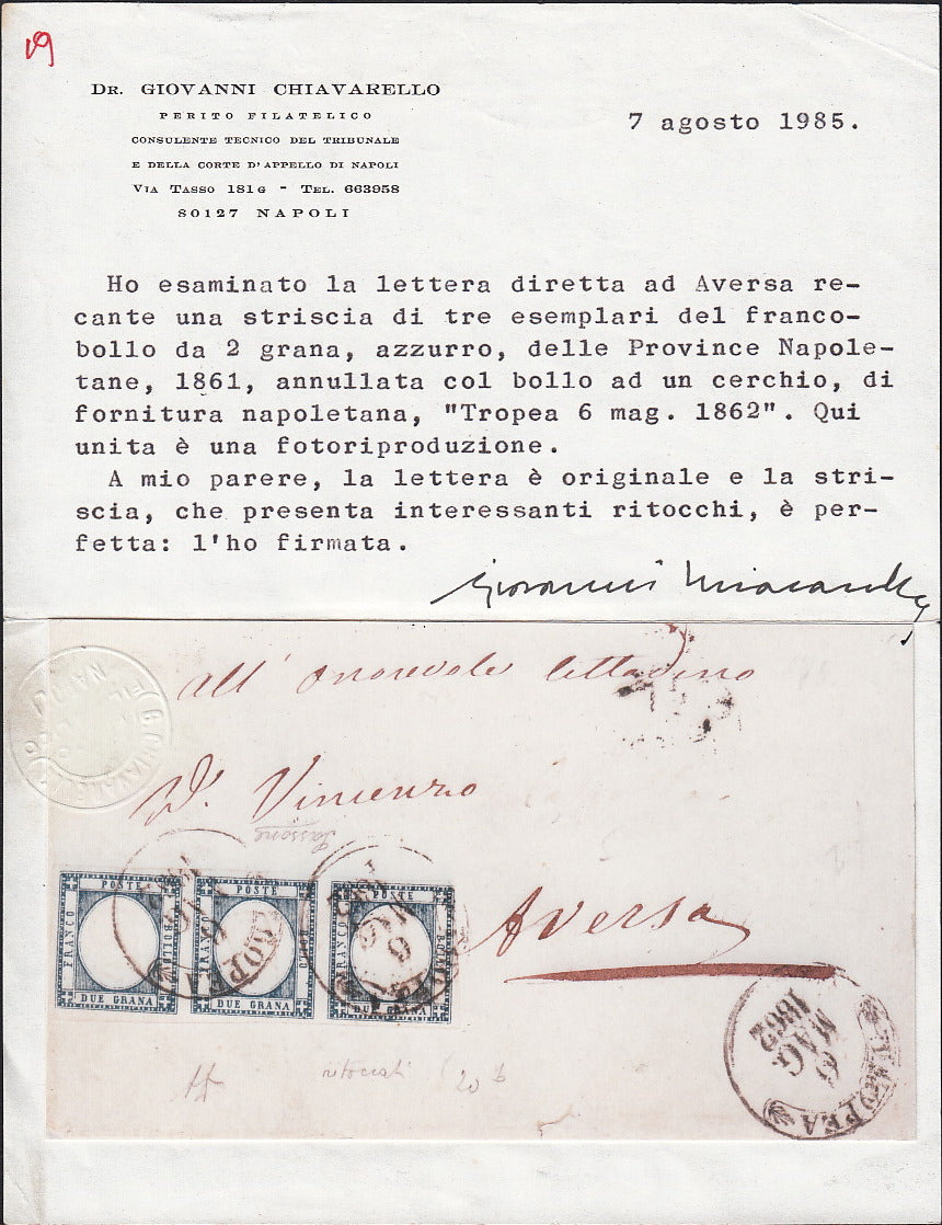 BO255_12 - 1862 - Lettera spedita da Tropea per Aversa 6/5/62 affrancata con gr. 2 azzurro striscia orizzontale di tre (20b)