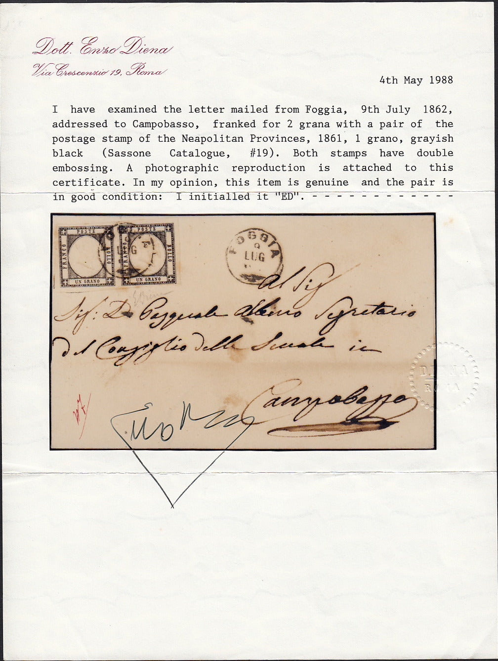BO255_15 - 1862 - Lettera spedita da Foggia per Campobasso 9/7/62 affrancata con gr. 1 nero coppia orizzontale (19)