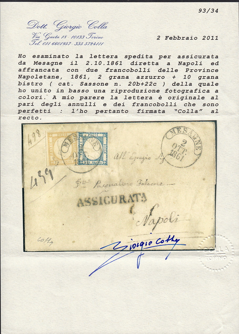 BO255_19 - 1861 - Lettera assicurata spedita da Mesagne per Napoli 2/10/61 affrancata con gr. 2 azzurro + gr. 10 bistro (20b + 22c)