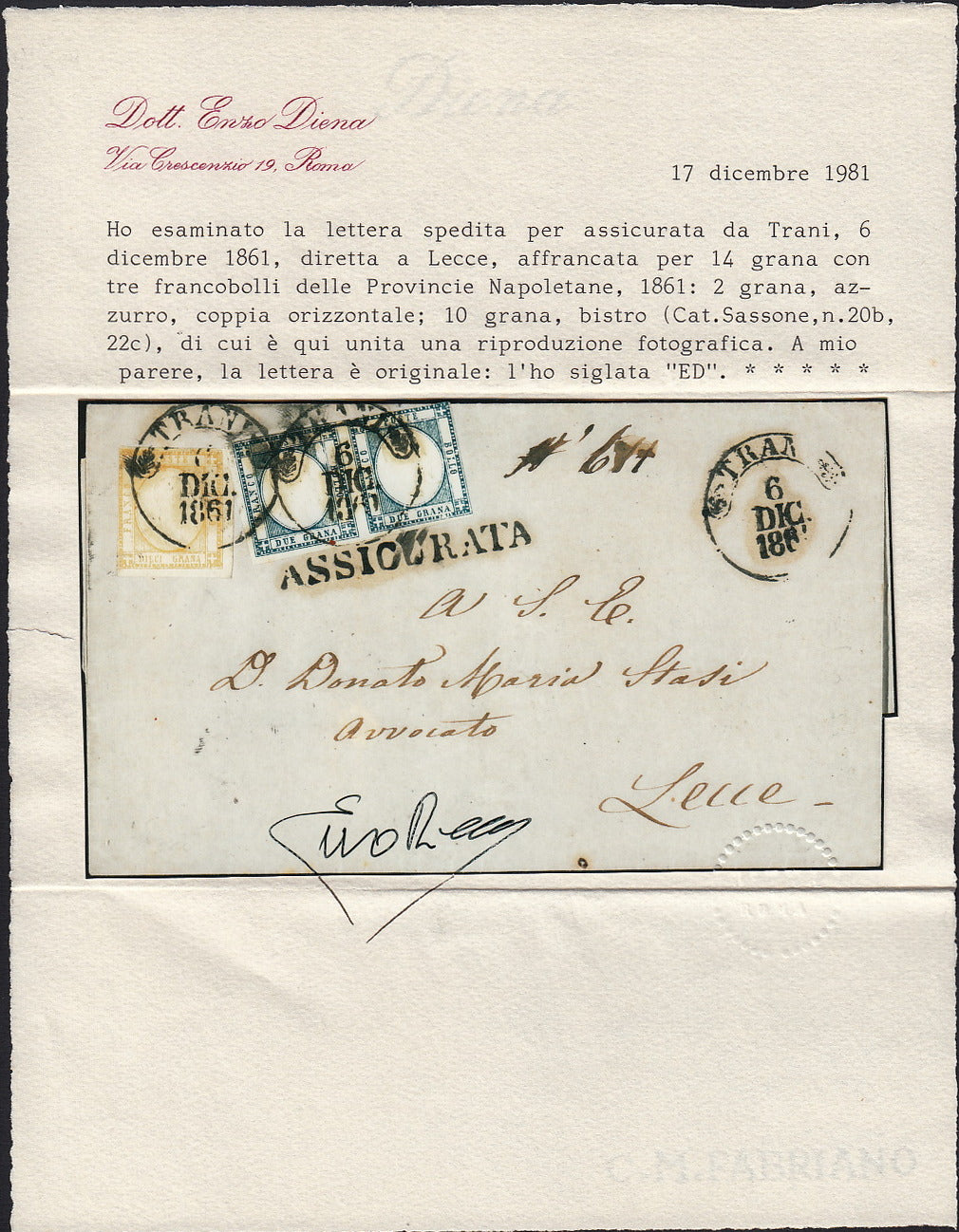 BO255_20 - 1861 - Lettera assicurata spedita da Trani per Lecce 6/12/61 affrancata con gr. 2 azzurro coppia + gr. 10 bistro (20b + 22)