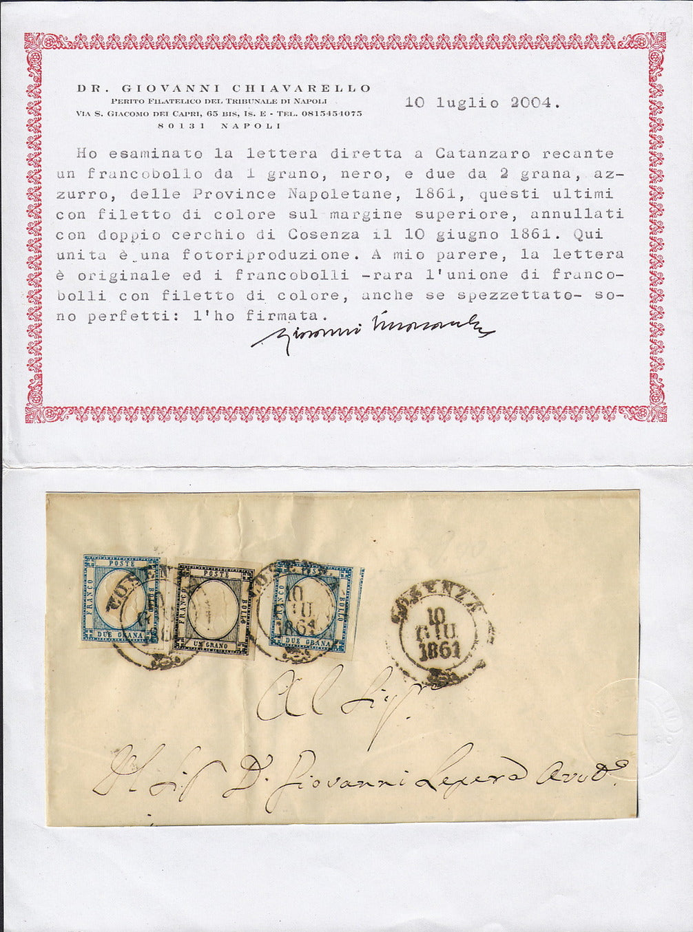 1861 - 1 black grain, copy with triple effigy, new with original rubber (19 AD). Cardillo certificate.