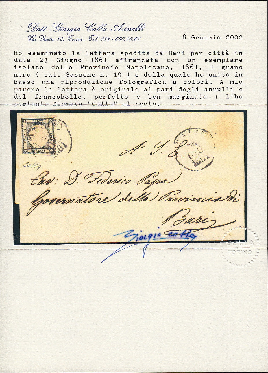 BO255_29 - 1861 - Lettera spedita da Bari per città 23/6/61 affrancata con gr. 1 grigio nero isolato (19a)