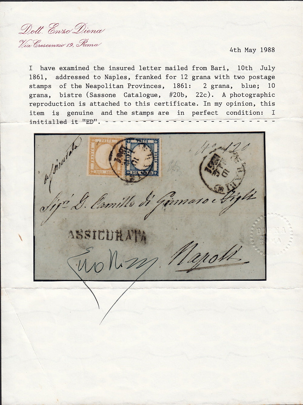 BO255_9 - 1861 - Lettera assicurata spedita da Bari per Napoli 10/7/61 affrancata con 2 grana azzurro + 10 grana bistro arancio (20b + 22d)