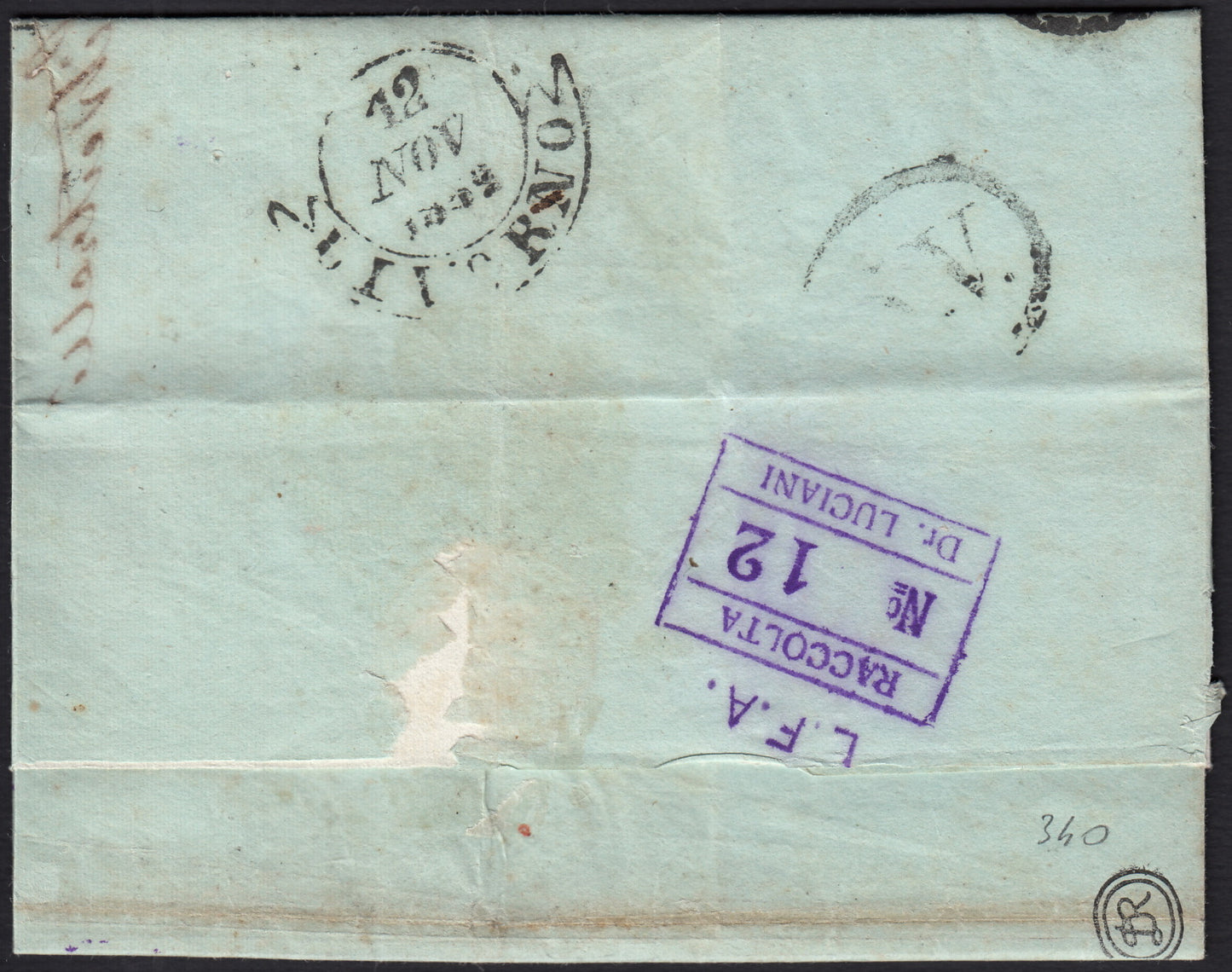 BO258_11 - 1852 - Lettera da Roma per Livorno 10/11/52 affrancata con 3 baj bistro arancio + 5 baj rosa (4 + 6)