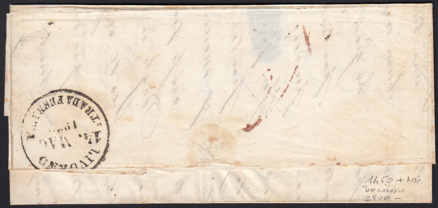 BO258_16 - 1852 - Lettera da Bologna per Livorno 13/5/52 affrancata con 1/2 baj + 2 baj + 5 baj (1a+3+6)