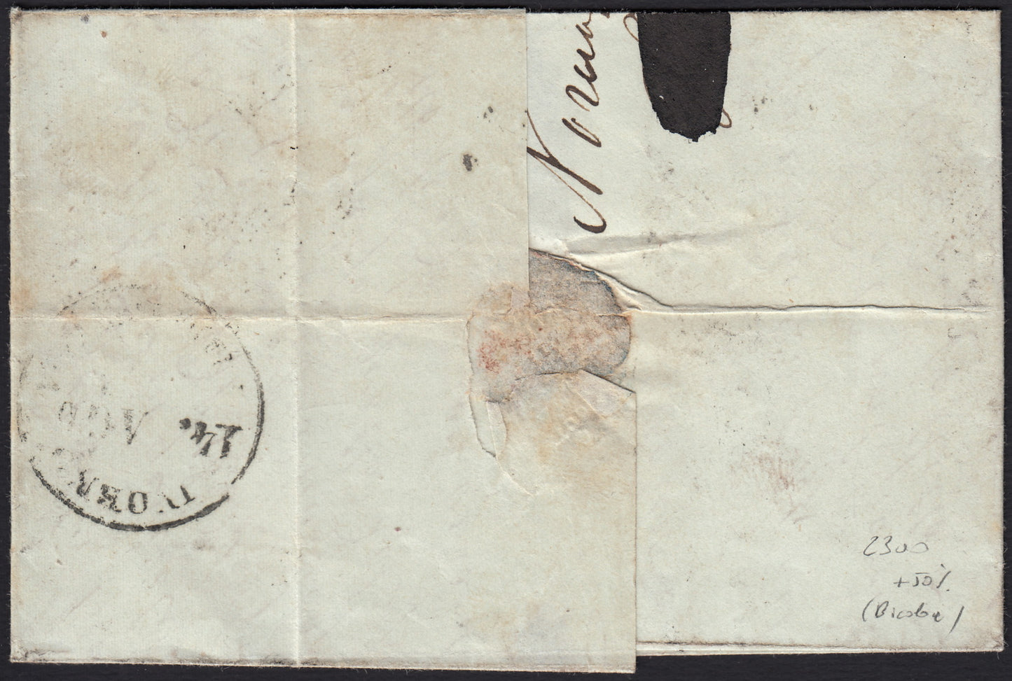BO258_2 - 1852 - Lettera da Spoleto per Livorno 12/8/52 preconvenzione con 4+1+4+1 baj (2 + 5)
