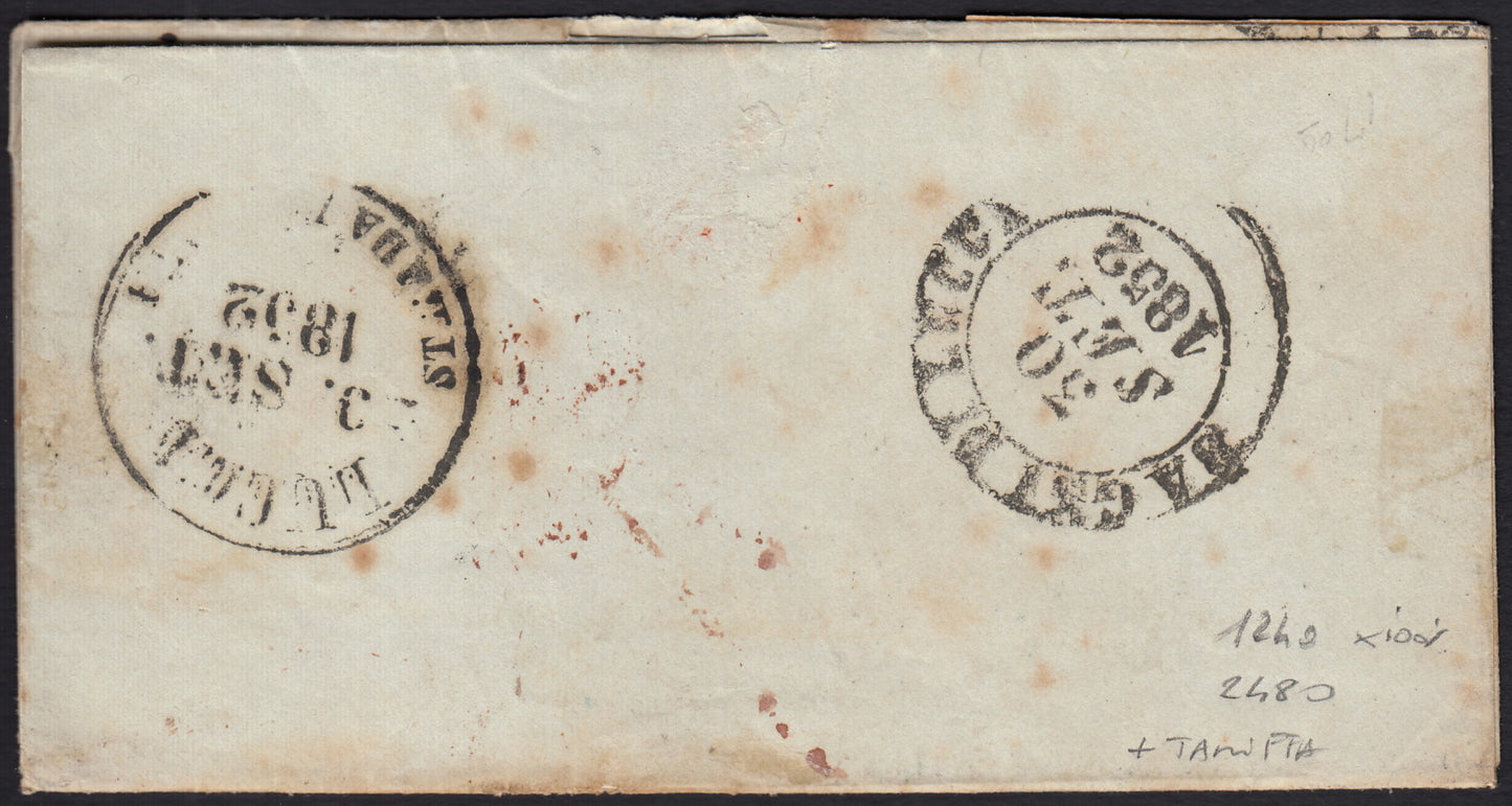 BO258_7 - 1852 - Lettera da Roma per Lucca 27/9/52 affrancata con 1b. + 3b. + 5b. (2a+4+6)