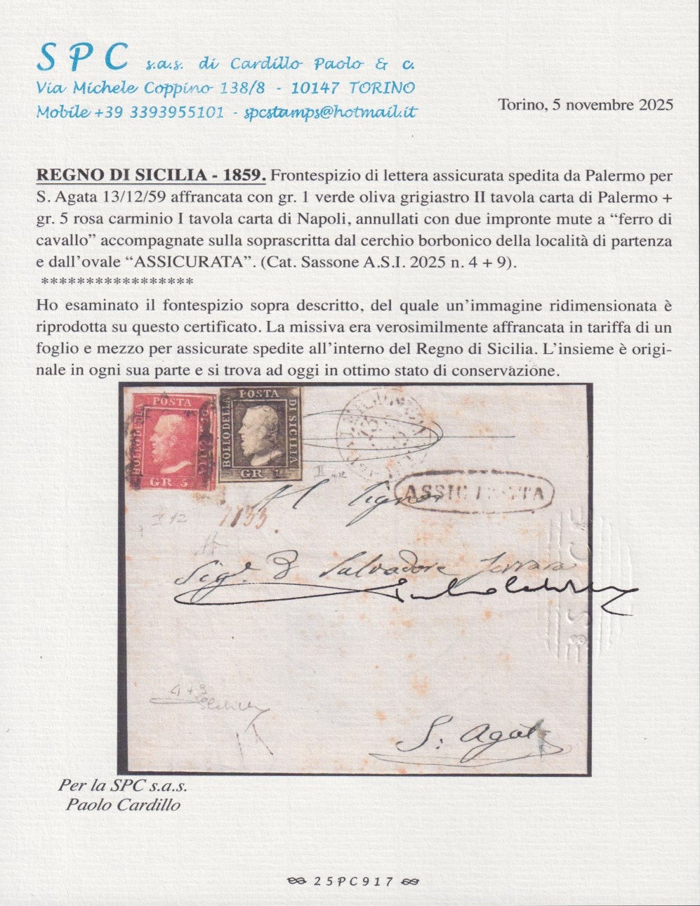 BO25_101 - 1859 - Frontespizio di lettera assicurata spedita da Palermo per S. Agata 13/12/59 affrancata con gr. 1 verde grigio olivastro II tavola + gr. 5 rosa carminio I tavola (4+9)