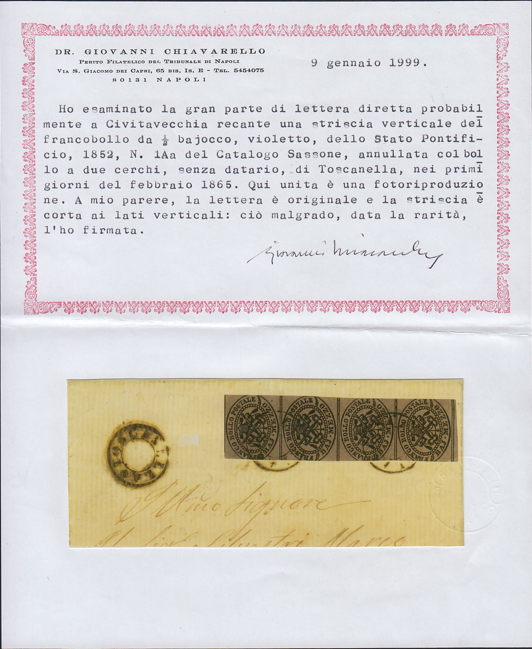 BO25_145 - 1865 - Testata di lettera spedita da Toscanella e affrancata con 1/2 baj violetto cupo striscia verticale di quattro esemplari (1Ab)
