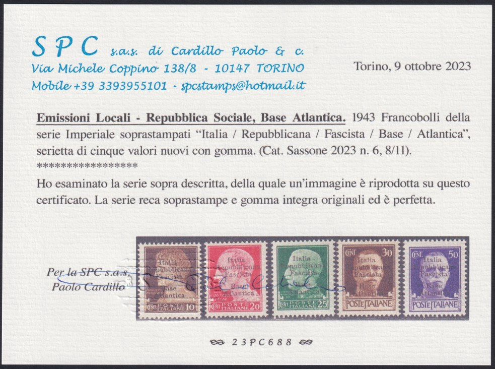 Basea-2 - 1943 - Francobolli d'Italia con soprastampa Base Atlantica del II tipo serietta di cinque valori nuova gomma integra (6, 8/11)