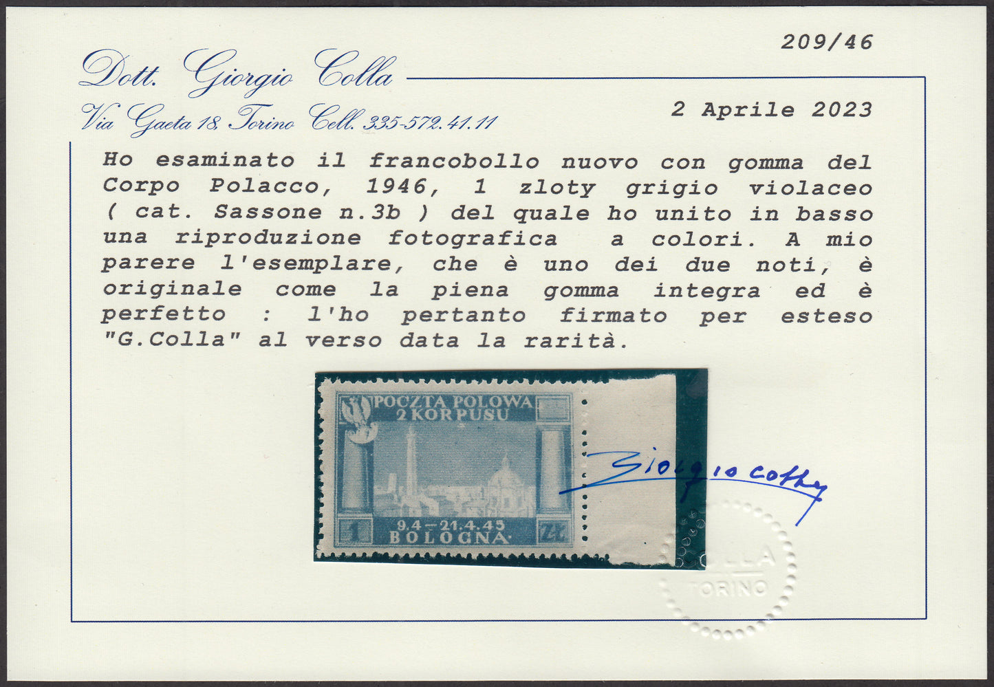 CP199 - 1946 - Polish Corps, Polish victories in Italy series on poor quality gray paper, 1z. new purplish gray with intact rubber, very rare color (3b)