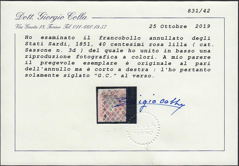 PP558 - 1851 - Effigie di Vittorio Emanuele II, c. 40 rosa lilla usato con annullo a rombi nero (3d).