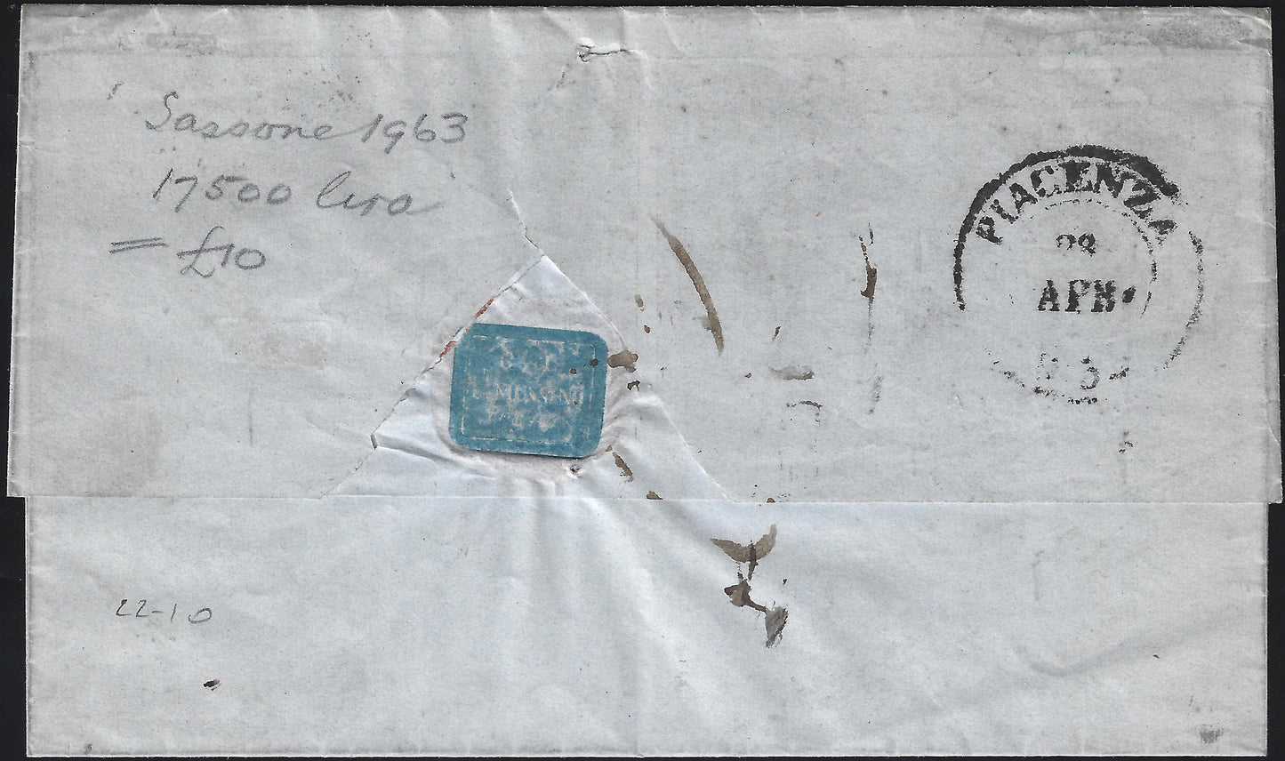 E10_69 - 1854 - Lettera spedita da Torino per Piacenza affrancata con II emissione c. 20 azzurro usato TORINO 27/4/54, tassata 3 decimi a destino per mancanza di convenzione postale (5).