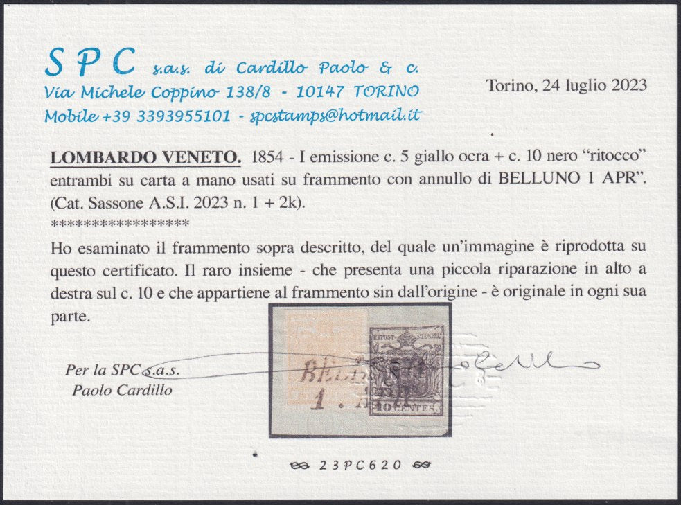 PVN2- 1854 - I emissione, c. 5 giallo ocra + c. 10 nero con ritocco usati s frammento, riparato il c. 10 (1 + 2k).