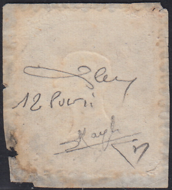 UT195 - 1862 - Emissione dentellata, c. 10 bistro giallastro usato su frammento con raro annullo di Castrogiovanni (1, p.ti 12).