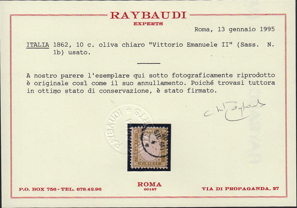 UT266 - 1862 - Emissione dentellata, c. 10 oliva chiaro usato, raro colore (1b).