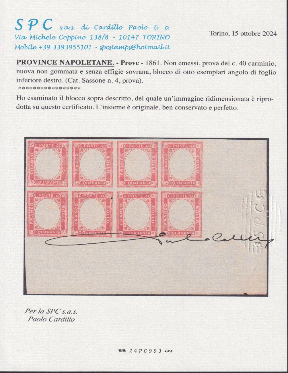 BO24_32 - 1861 - Non emessi, prova su carta sottile senza effigie e non gommata, blocco di otto esemplari angolo di foglio inferiore destro, non comune e di bella qualità (4, prova).