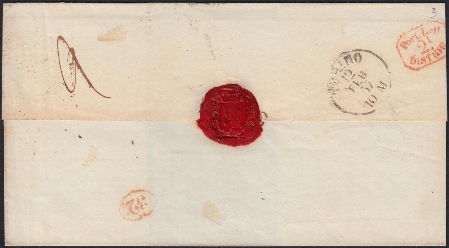 BO24_176 - 1855 - Lettera spedita da Genova per Torino 11/2/57 affrancata con c. 20 celeste vivace I tavola (15h)