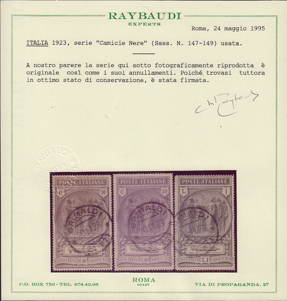 UT478 - 1923 - Pro Cassa di Previdenza Camicie Nere, serie completa di tre esemplari usati con annulli originali (147/149).