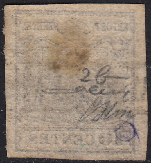 BO24_242 - 1850 - I emissione, c. 10 grigio nero 1ª tiratura usato con cartella di Milano (2b).