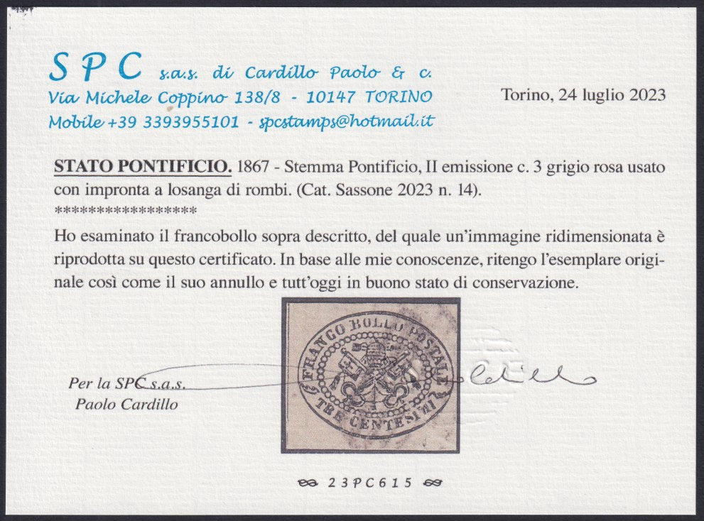 PV1273 - 1867 - II emissione, 3 centesimi grigio rosa usato con annullo originale. (14).