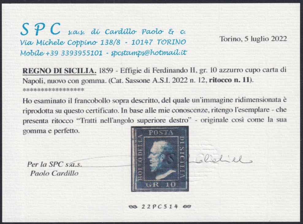 SIC105 - 1859 - Effigie di Ferdinando II di Borbone volta a sinistra, 10 grana azzurro cupo carta di Napoli nuovo con gomma originale, ritocco n. 11, (12).