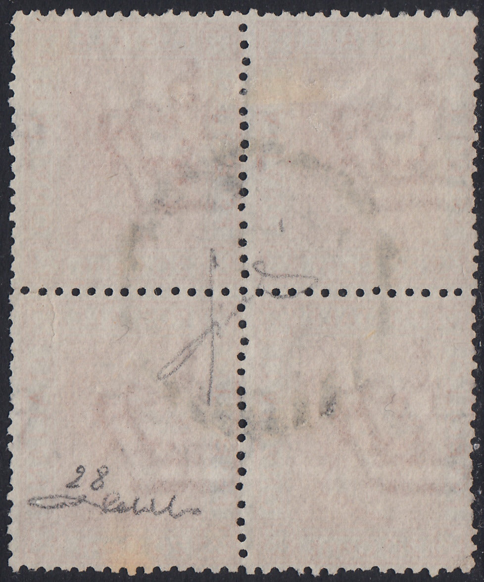 VEII36 - 1877 - Effigie di Vittorio Emanuele II volta a sinistra, nuovo formato e cambiamento di colore, c. 20 arancio blocco di 4 esemplari usato, (28).
