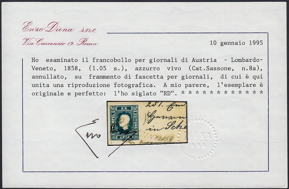RL96 - 1858 - Tipo della II emissione, (s. 1,05) azzurro usato su frammento (8).