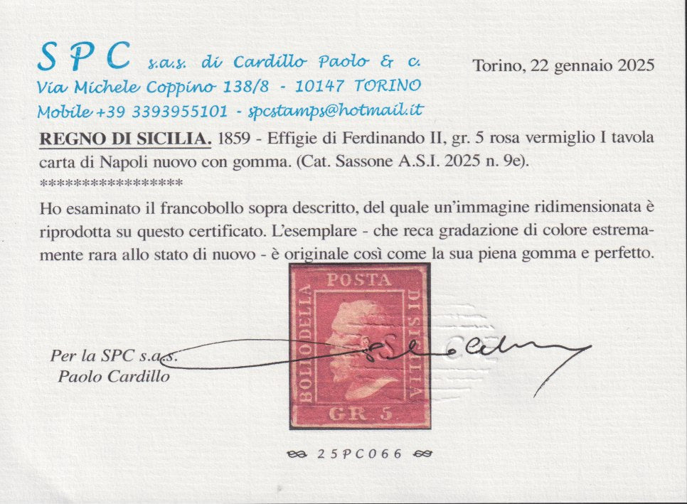 1859 - 1/2 orange grain I table paper of Palermo retouching n. 19 new with intact rubber (1)