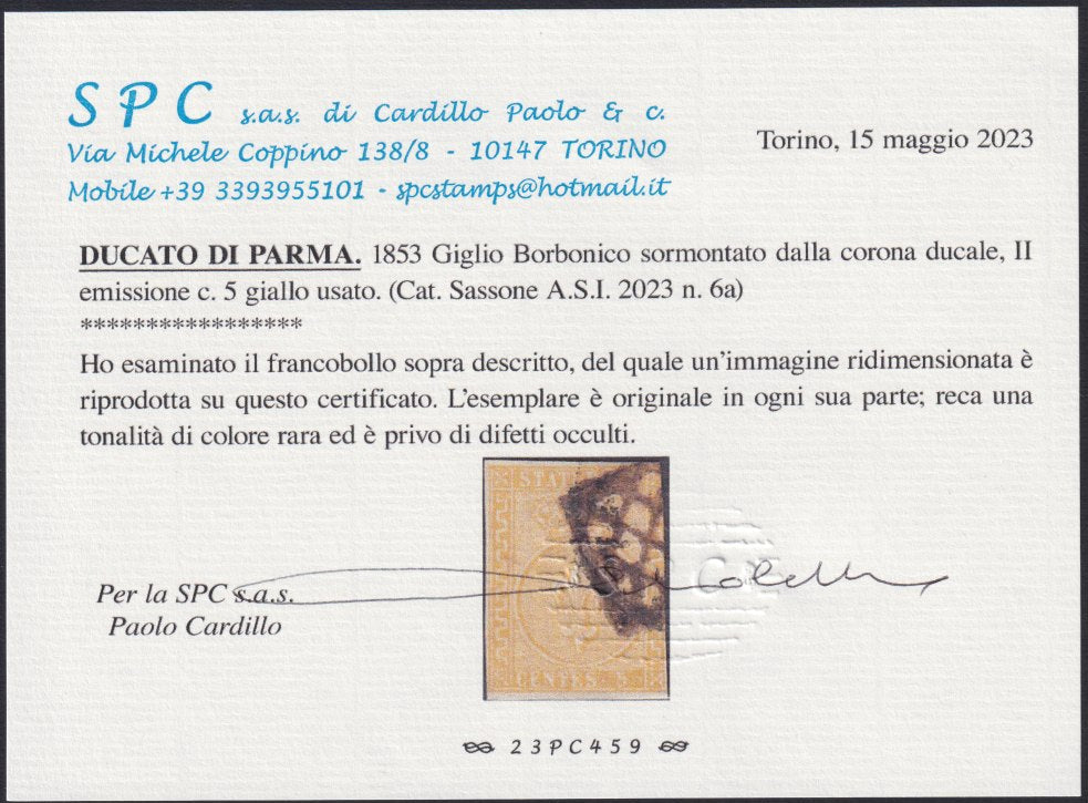 16-457 - 1855 - Ducato di Parma II emissione c. 5 giallo chiarissimo usato, certificato Cardillo (6b)